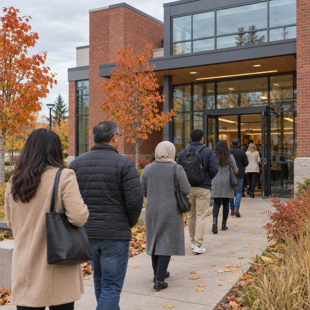 People moving toward the entrance of a modern building in autumn