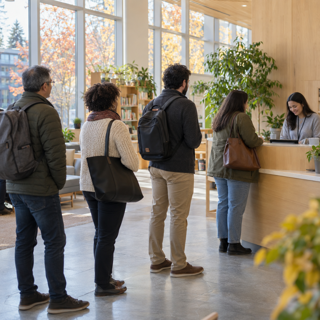 People inside a bright modern building