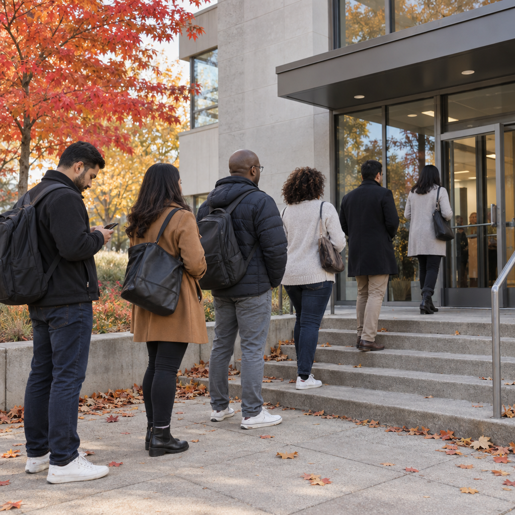 People entering a modern building in autumn